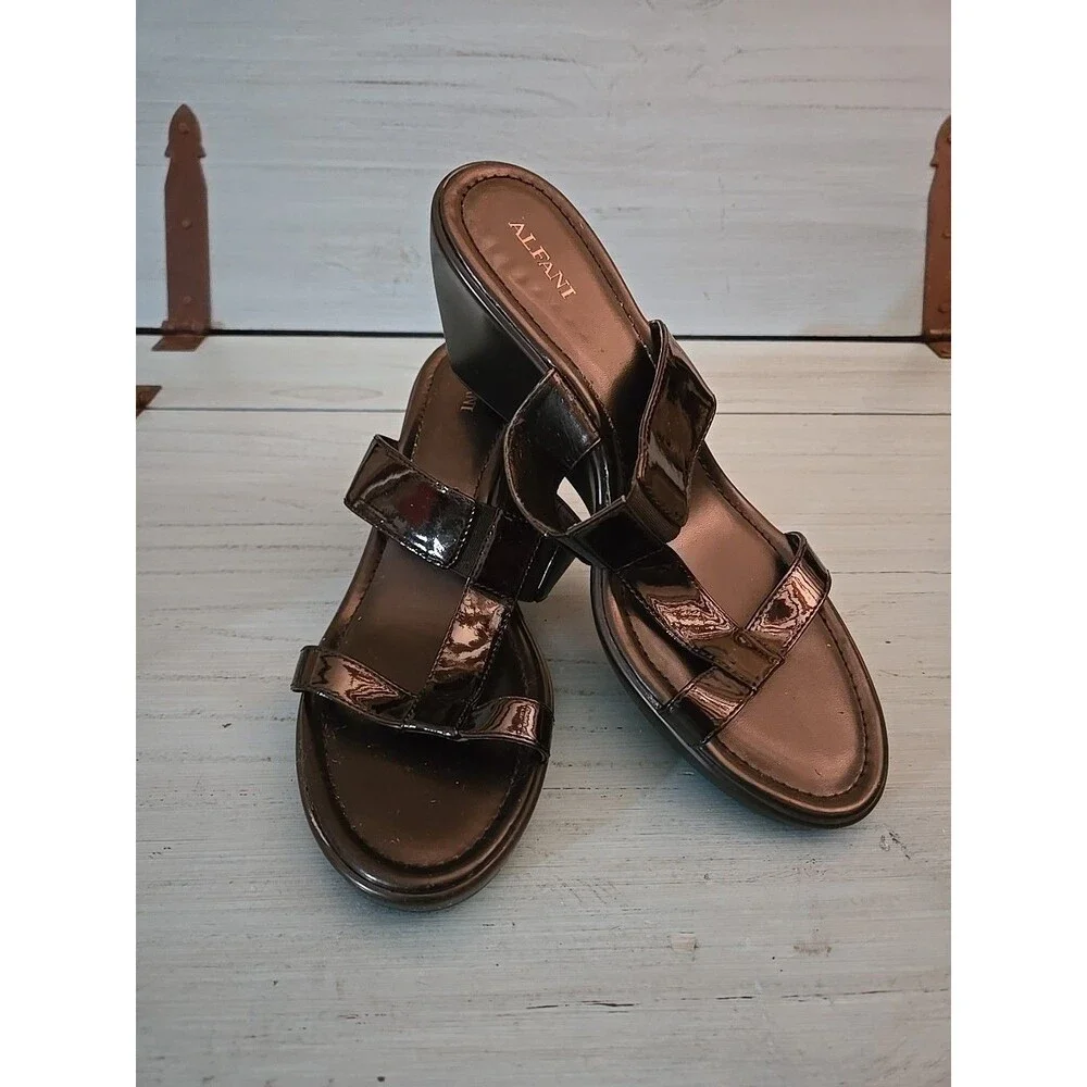 Alfani 9M Women's Black Patent Leather Slip On Wedge Double Strap Sandals Heel